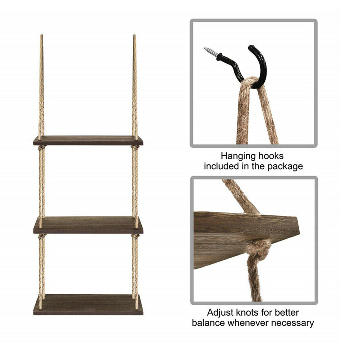 3-Tier Wood Hanging Shelf Wall Swing Storage Shelves Jute Rope Organizer  ï¼ï¼ â˜ª