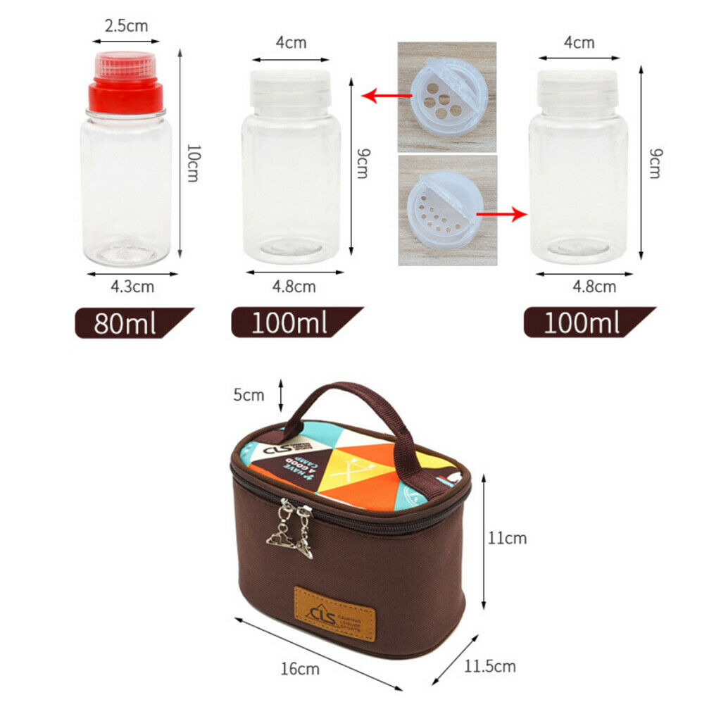 6Pcs Camping Picnic BBQ Condiment Spice Jar Bottles with Portable Carry Bag