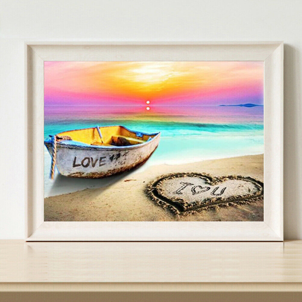 5D DIY Full Square Diamond Painting Beach Boat Rhinestone Wall Handwork Kit @