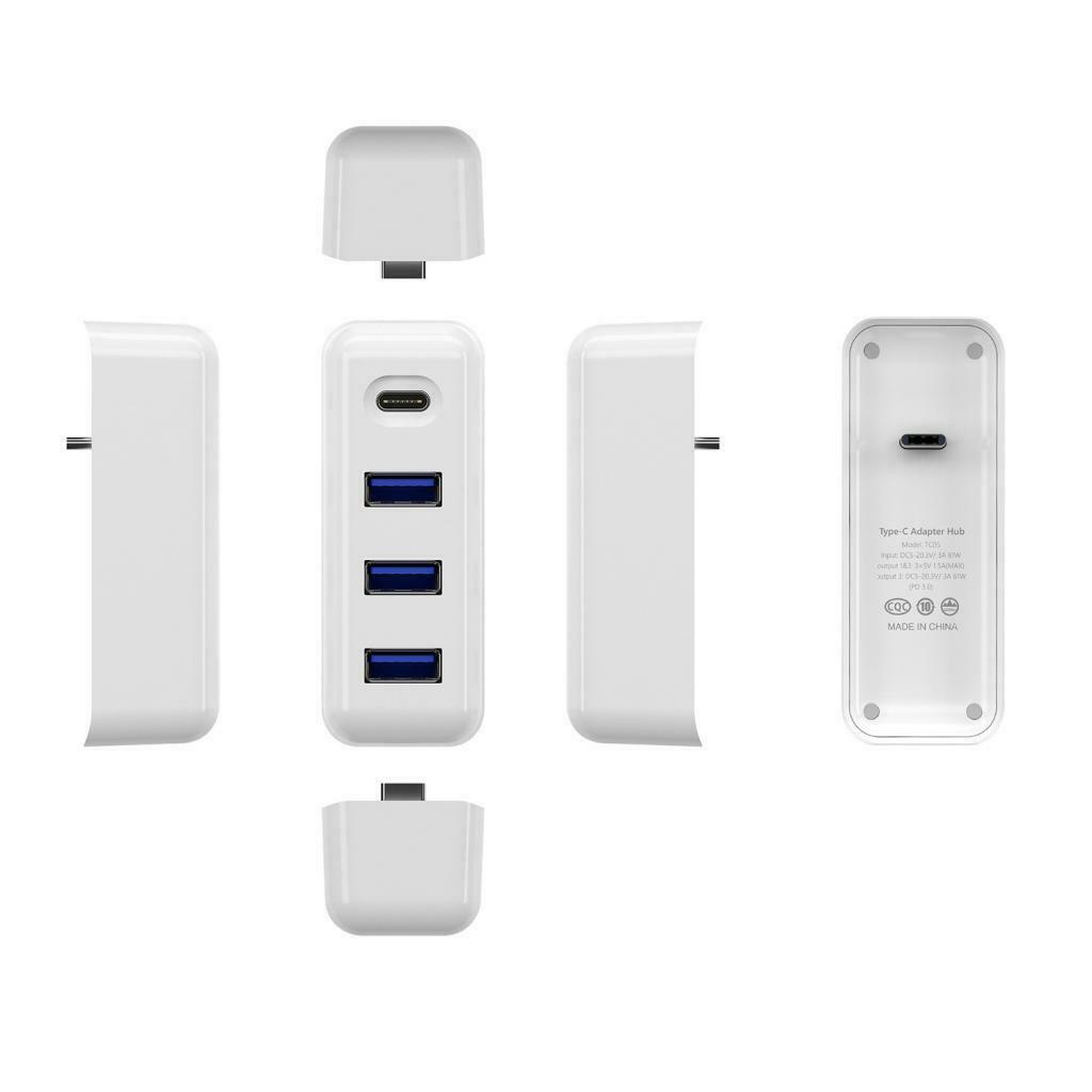 White - 3 Port HUB Splitter Power USB Type C Adapter Dock for Laptop