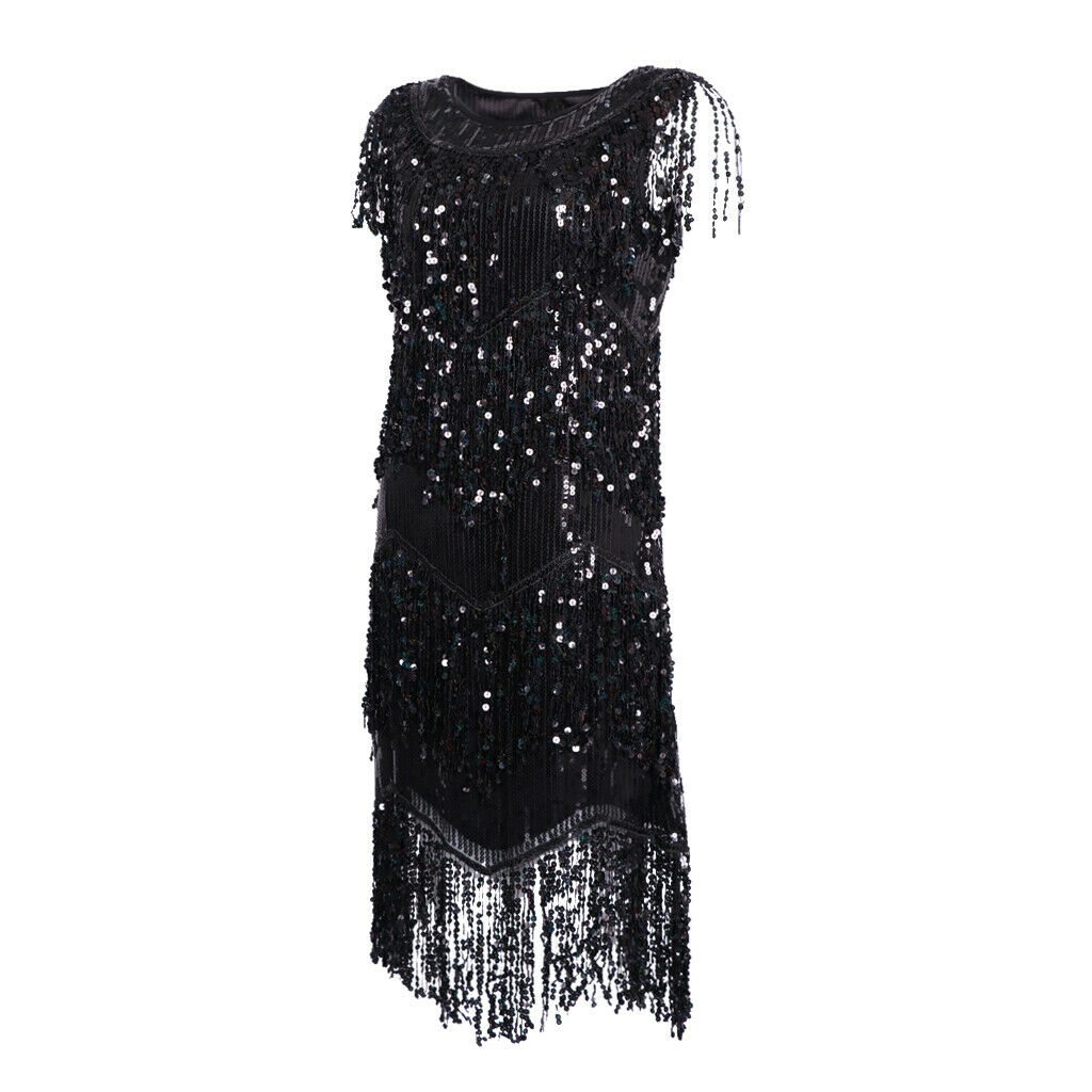 Women Latin Tango Ballroom Dance Costume Sequins Tassel Skirt L Black