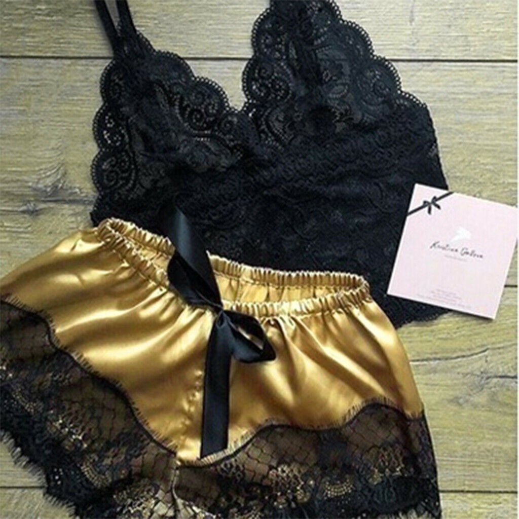 Women's Pajama Short Nightwear Lace Bralette Top & Shorts Homewear Golden XL