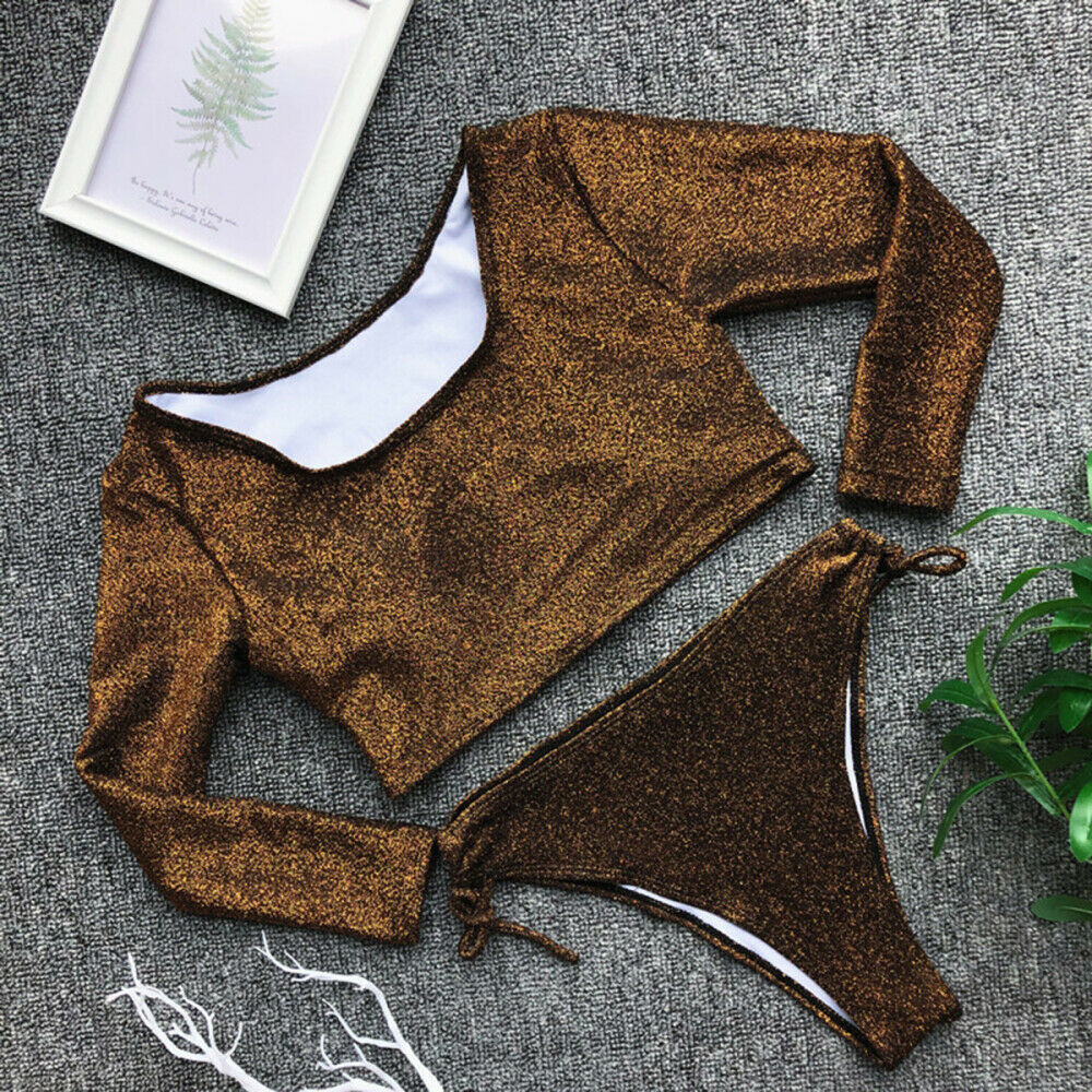 2pcs/set Women Shiny Long Sleeve Sun Block Bikini Sexy High Cut Bathing Swimwear