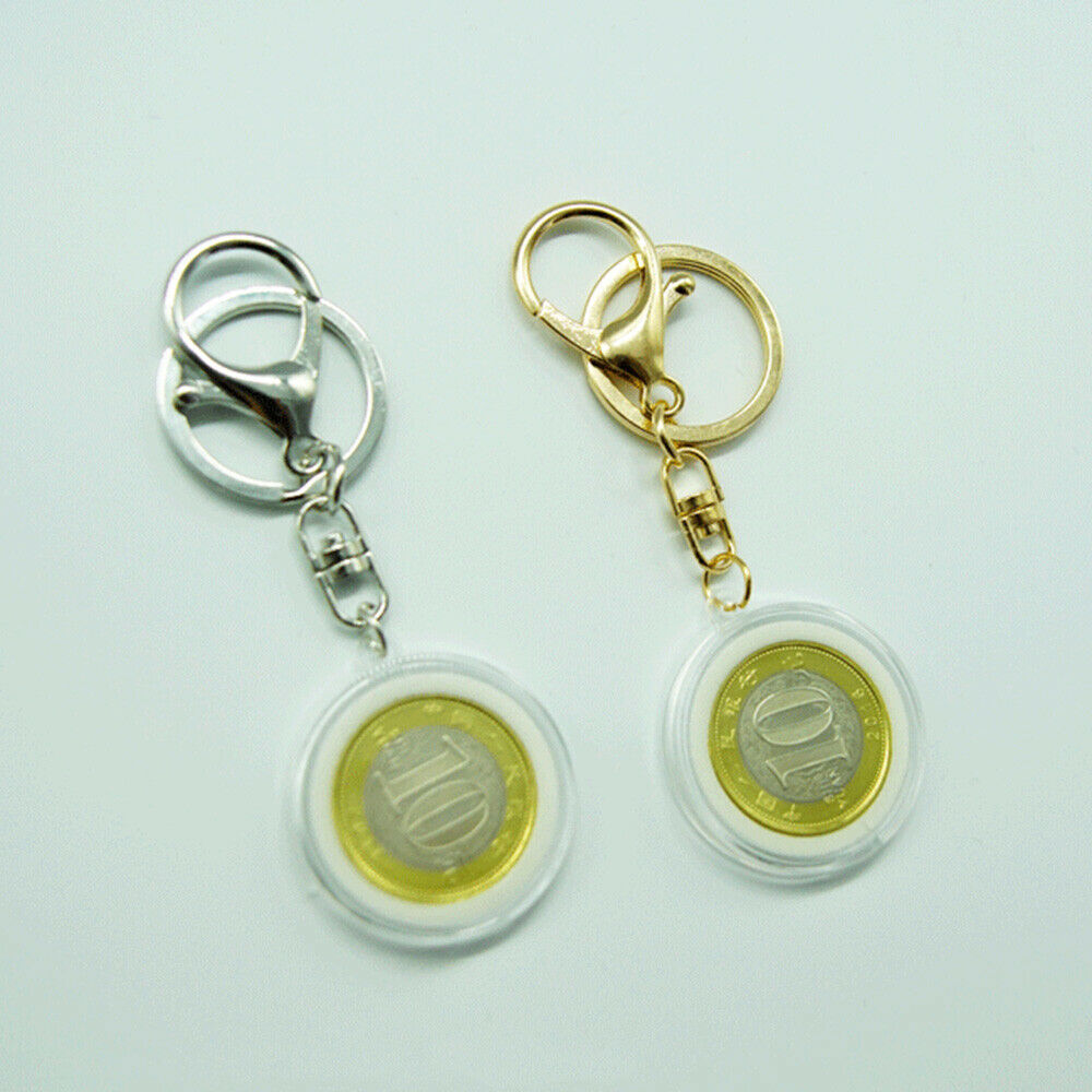 Coins Holder Keychain Round Capsule Storage Box Commemorative Case Key Ring Acc