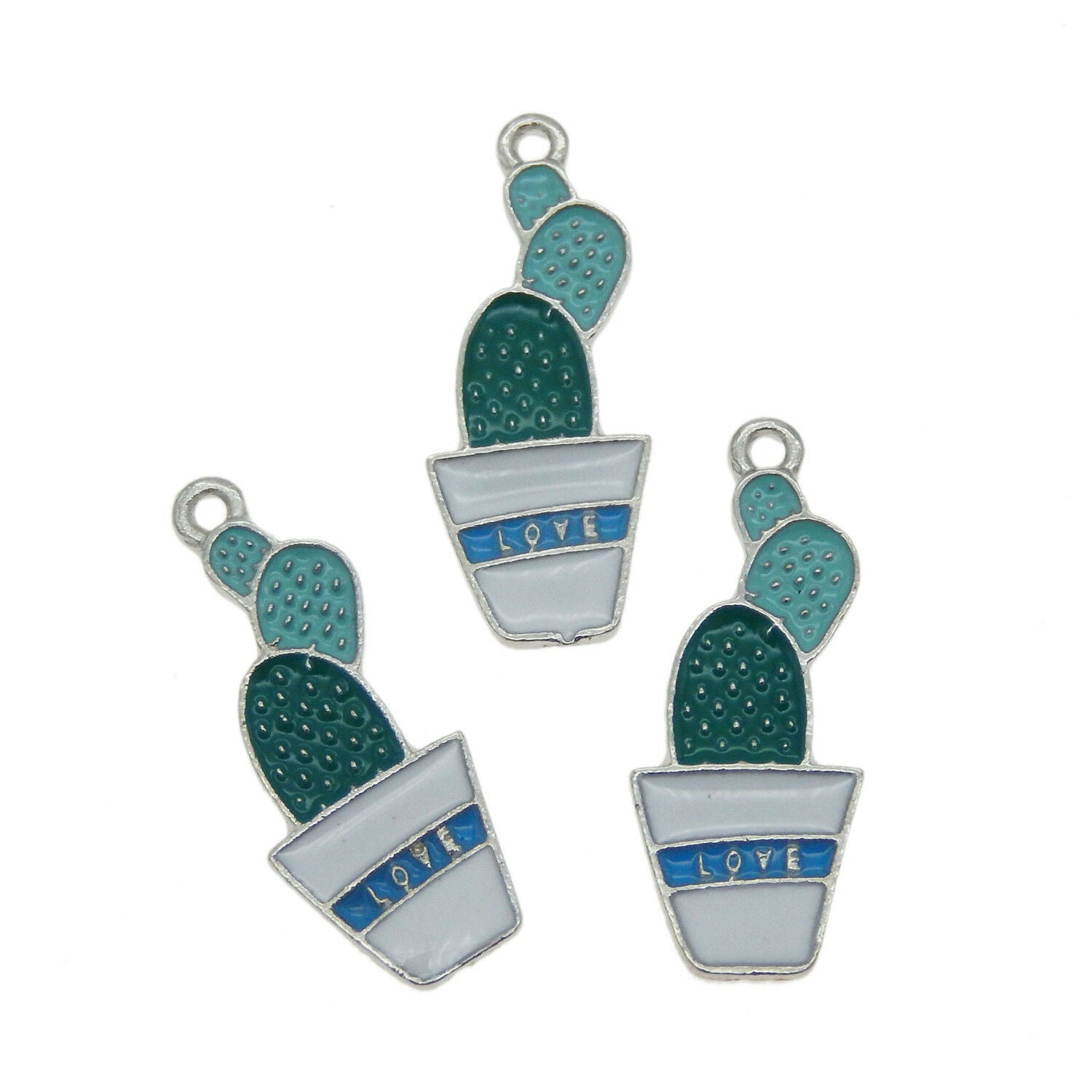 16 pcs Green Enamel Metal Potted Cactus Plants Charms Pendants Findings 27x11 MM