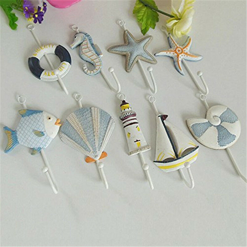 Unique Mediterranean Style Star Fish Conch Shell Ect. Wall Hooks Hangers (9PCS)