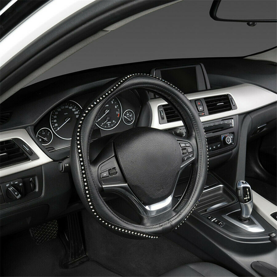 Crystal Drill & PU Leather  Auto Steering Wheel Covers Anti-Slip Black 38cm/15"