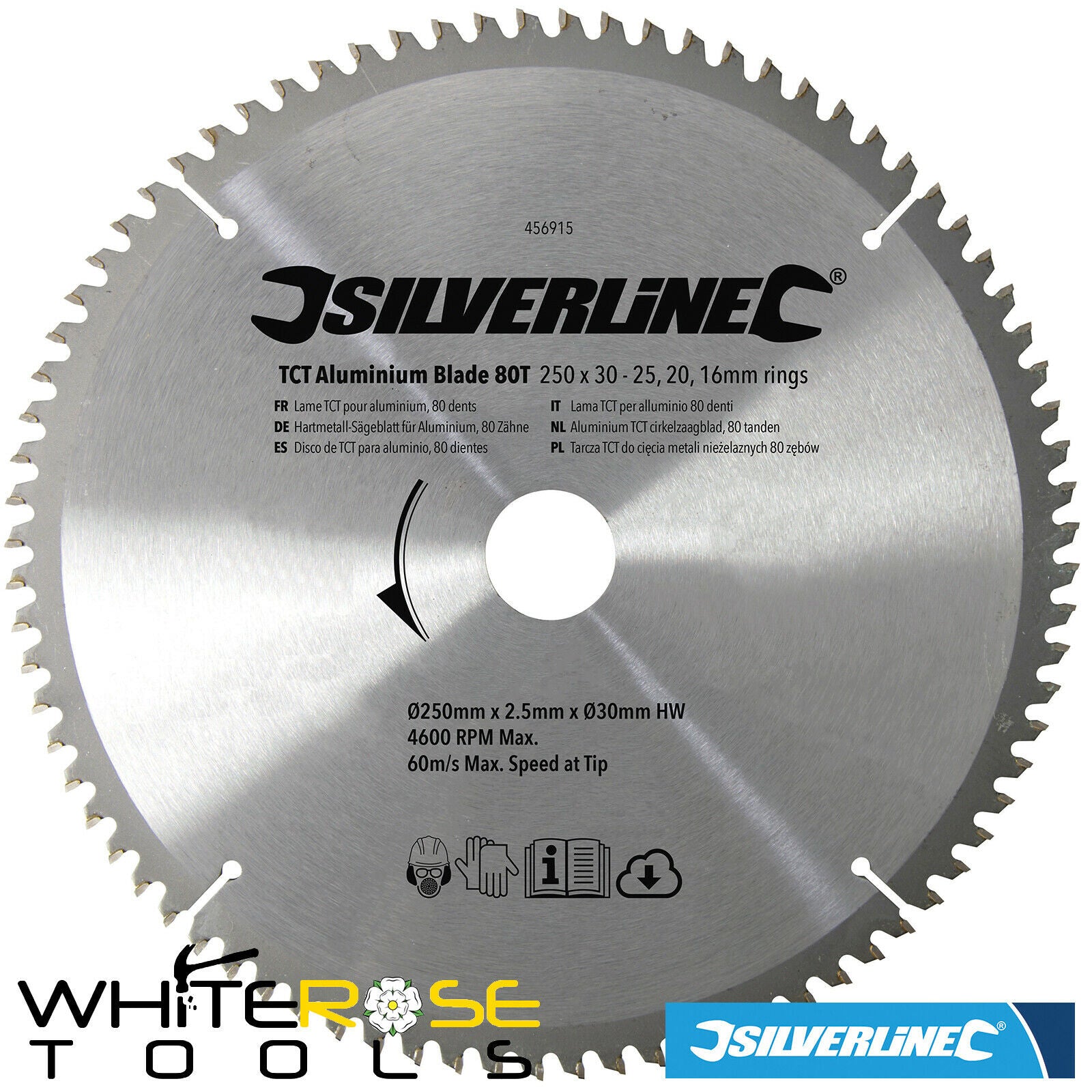 Silverline TCT Aluminium Circular Saw Blade 80 Teeth 250x30mm 25 20 16mm Rings