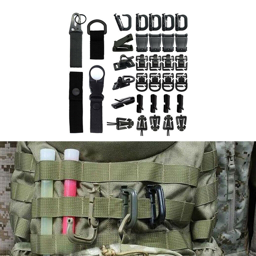 34Pieces Molle Attachments for D-Ring Clip Lock Keyring Holder Outdoor Tools