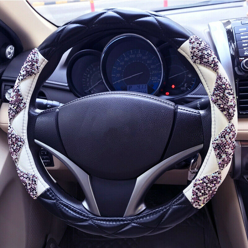 38cm/15" Car SUV Steering Wheel Cover Deluxe PU Leather Bling Diamond Breathable
