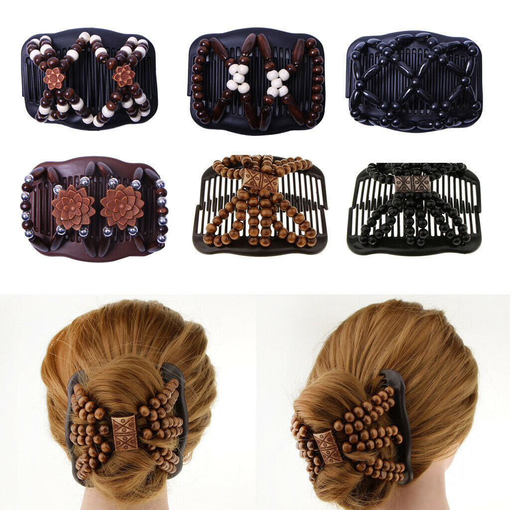 6pcs Double Side Wooden Bead Hair Slide Comb Clip Elastic Hair Accessories