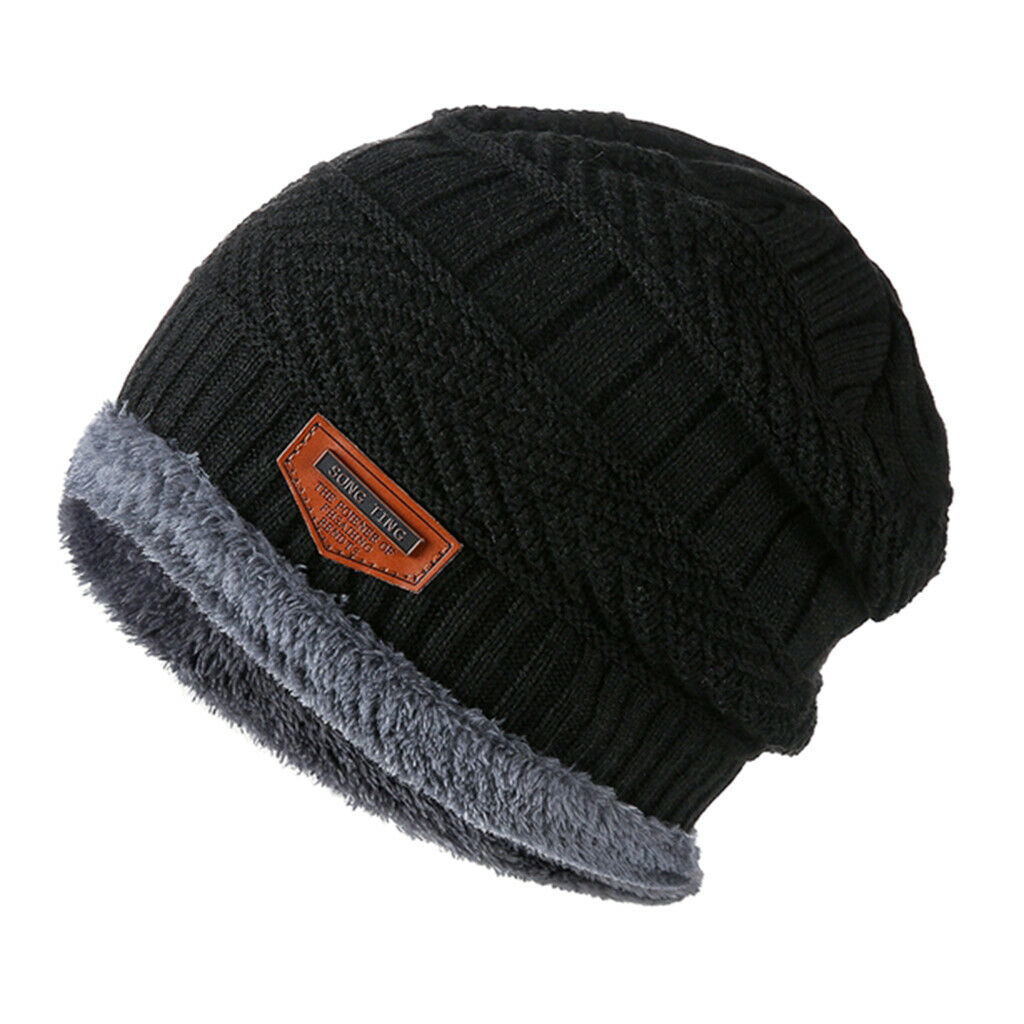 Winter Beanie Hat Soft Warm Knit Hat Thick Fleece Lined Skiing Running Black