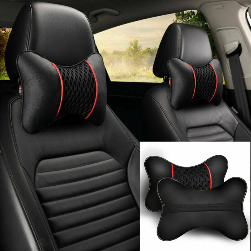 2PCS PU leather Knitted Car Seat Pillows Support Headrest Neck Shoulder Cushion