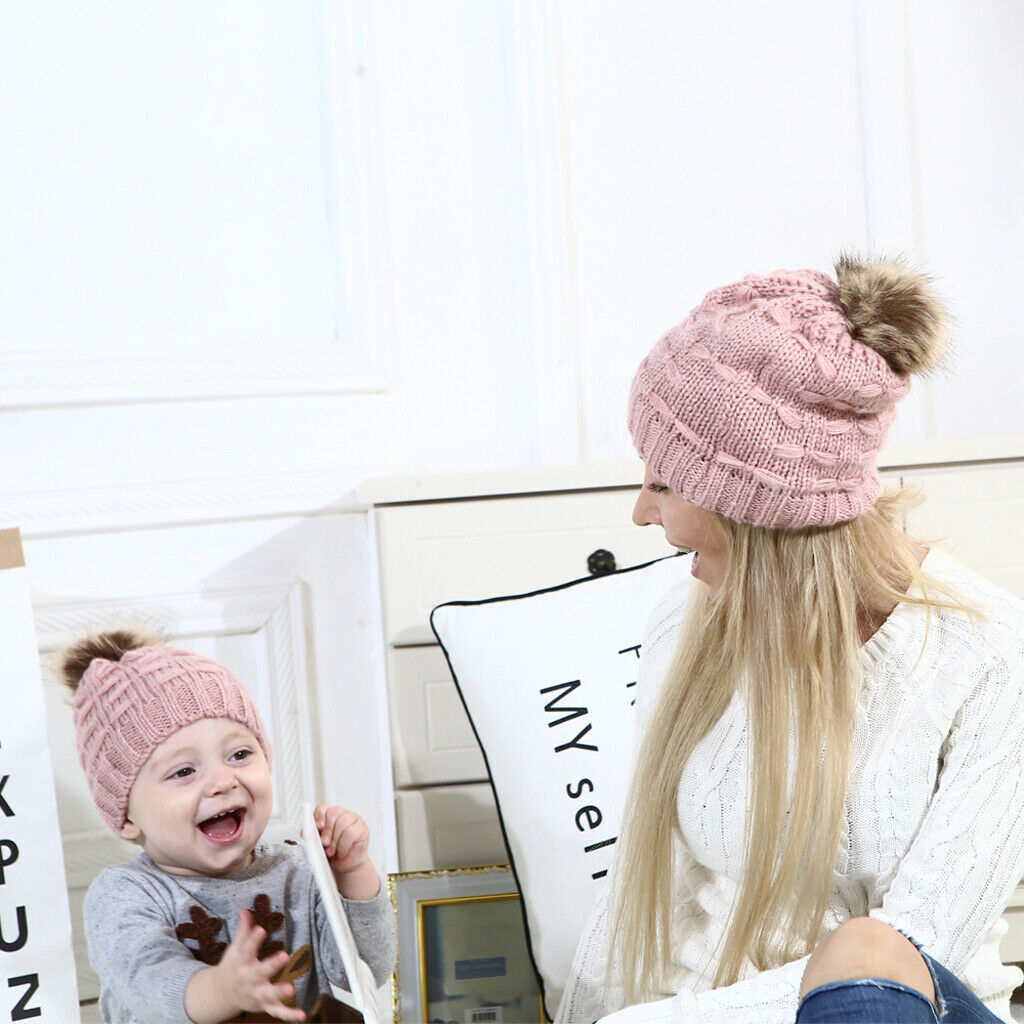 2PCS Parent-Child Hat Warmer Winter Knit Hat Beanie Ski    Pink