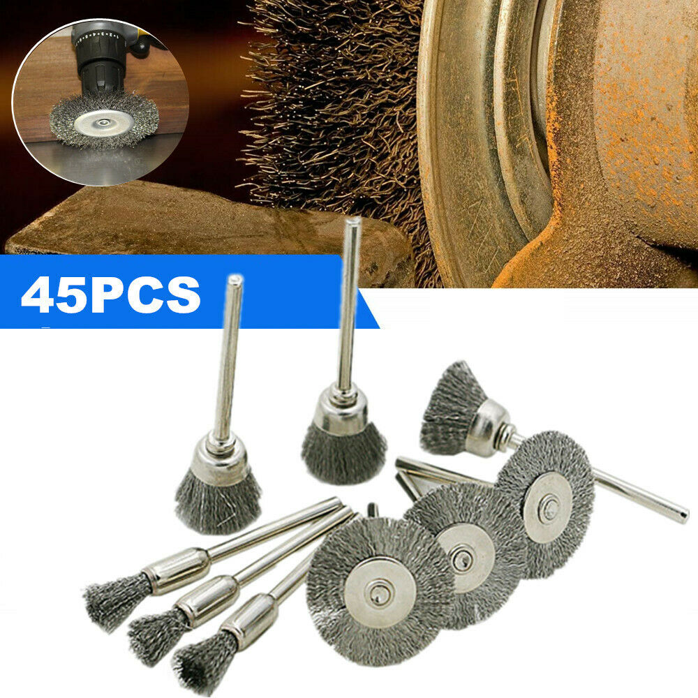 45PCS Stainless Steel Wire Wheel Brush Mix Grinding Head Carving Polishing Drill