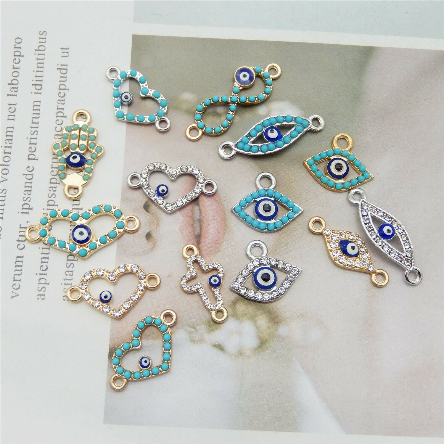 14PCS Assorted Alloy Evil Eye Enamel Charm Rhinestone Pendant Connector Jewelry