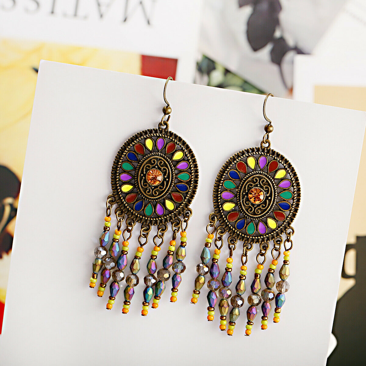 7 Colors Round Crystal Circle Dangle Tassel Women Bohemia Jewelry Hook Earrings