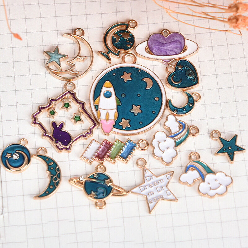 15pcs Mixed Star Moon Universe Enamel Charms Pendant DIY Jewelry Making FinDEAU