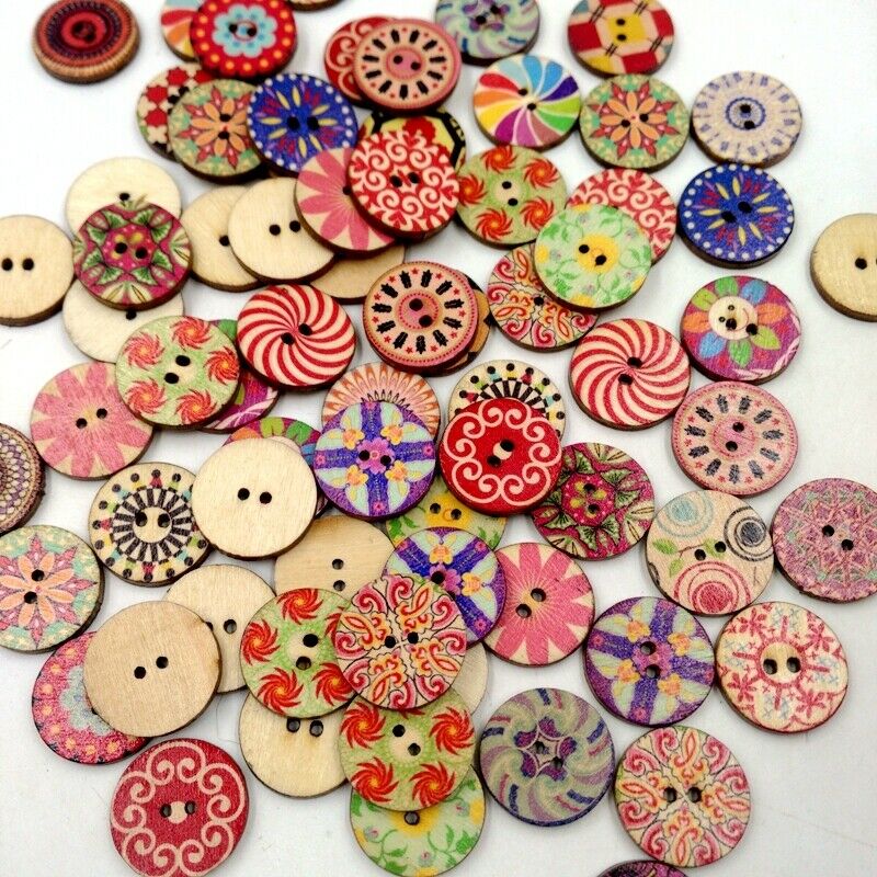Prettyia 100x 20mm Wooden Buttons Mixed Designs Craft Scrapbook Sew Cards