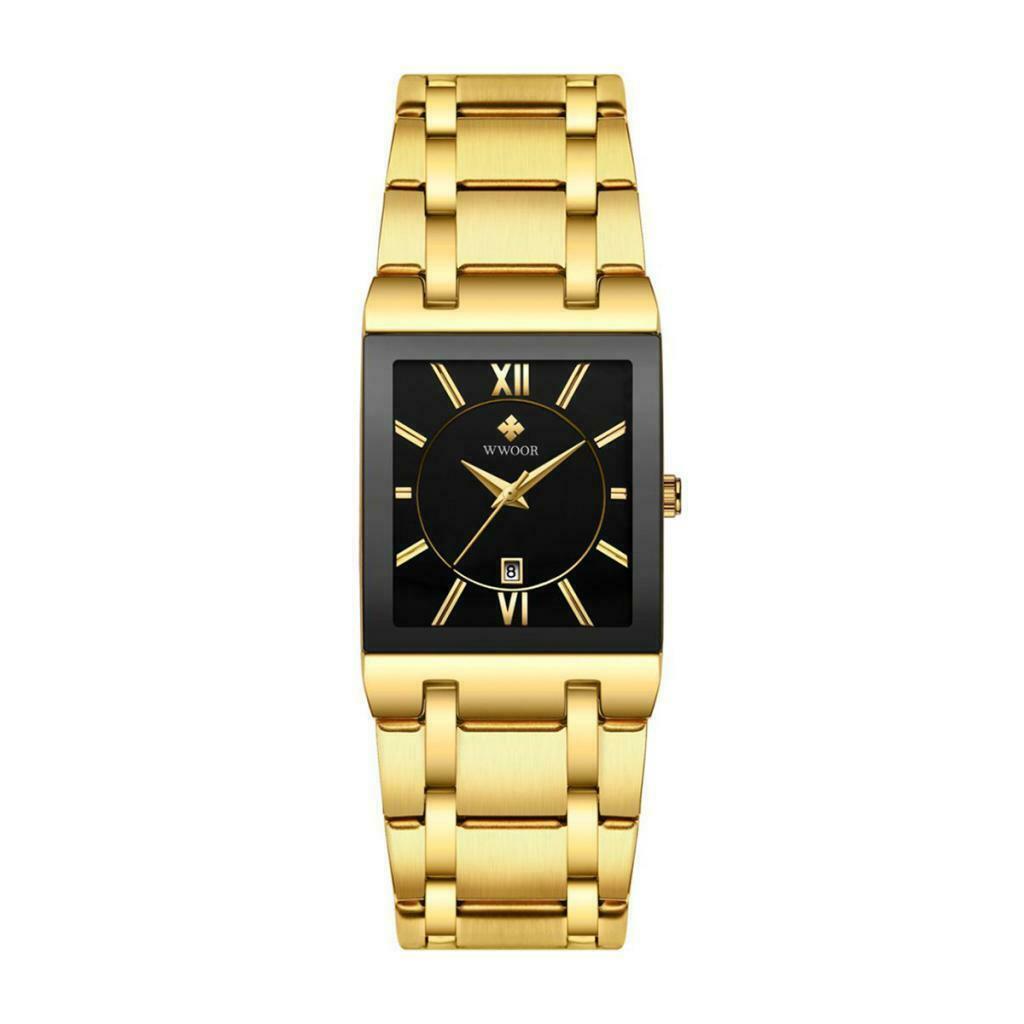 Mens Fashion Watch Rectangular Dial Analog Quartz Wristwatch Golden+Black