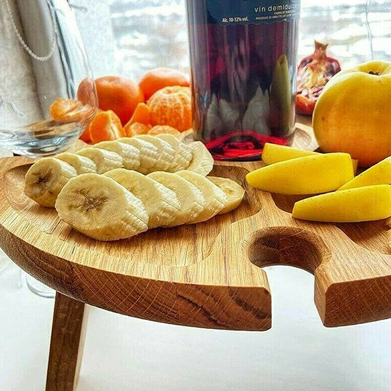 Wooden Outdoor Folding Picnic Table Round Table Wine Glass Holder Garden Pa FT