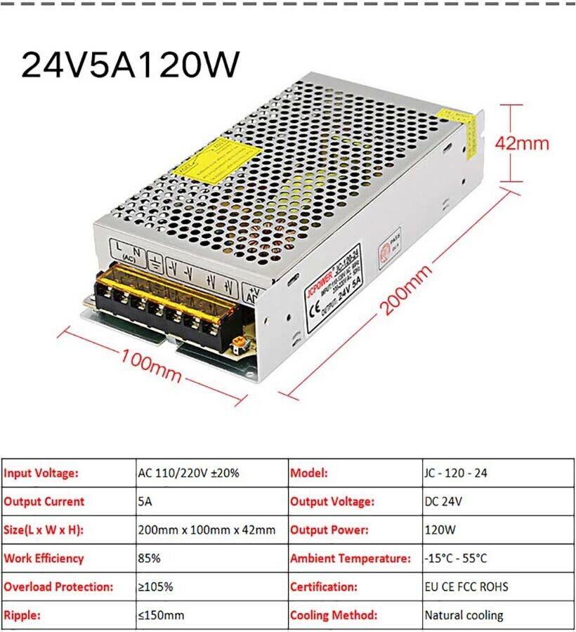 24V 5A 120W Regulated Switching Power Supply PSU Transformer LED Strip CCTV