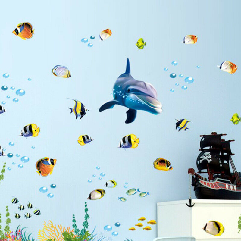 Dolphin Fish Aquarium Ocean Wall Stickers For Kids Rooms Bathroom Kitchen De SJ