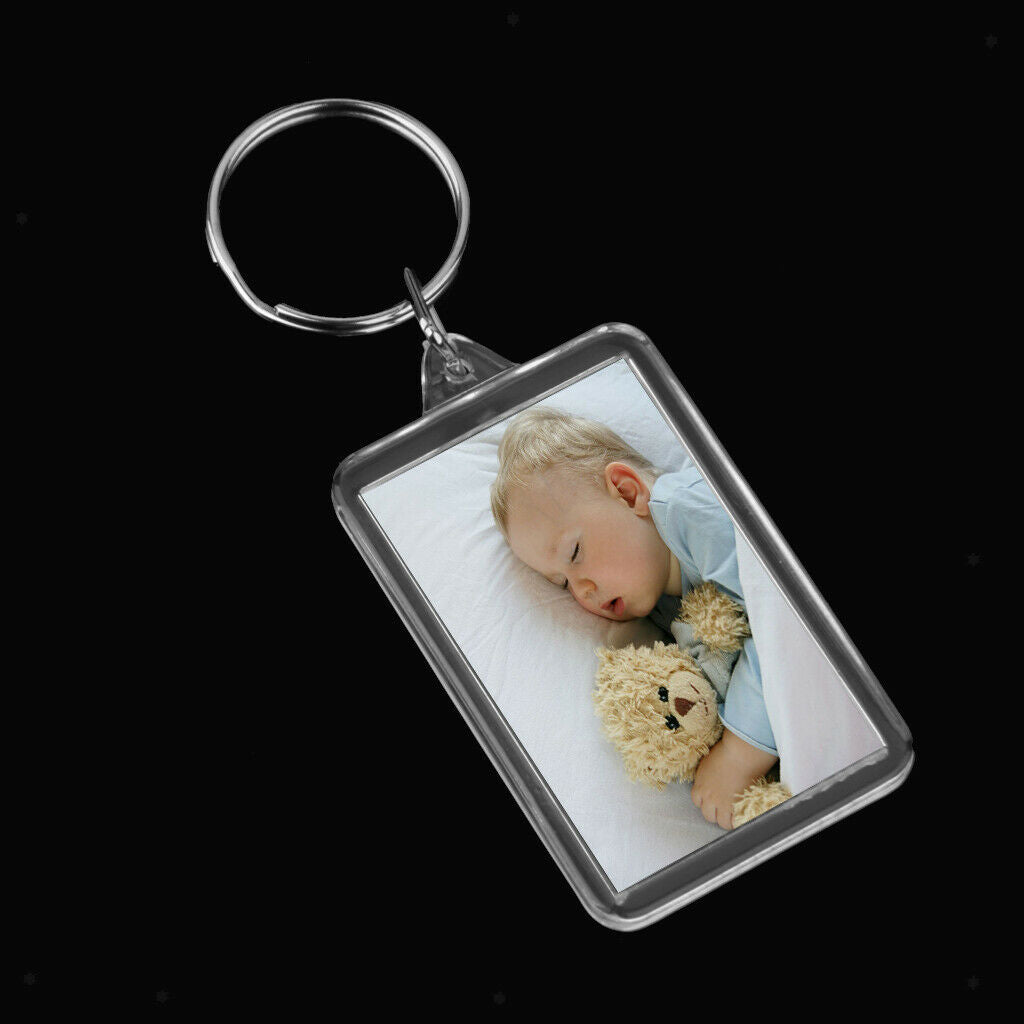 100Pcs Unisex Acrylic Rectangle Clear Ring Keychain Insert Photo Frame