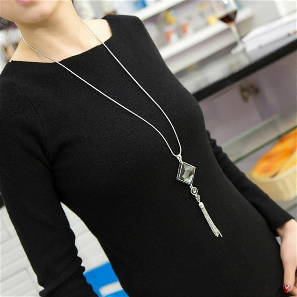 New Pendant Necklace Square Big Drop Crystal Long Chain Sweater Tassel For Women