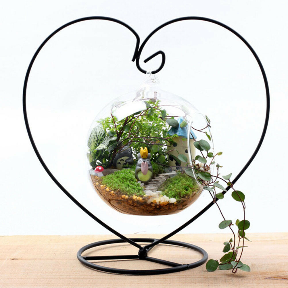 Black Heart-shaped Iron Hanging Plant Glass Vase Terrarium Stand Holder BDAU
