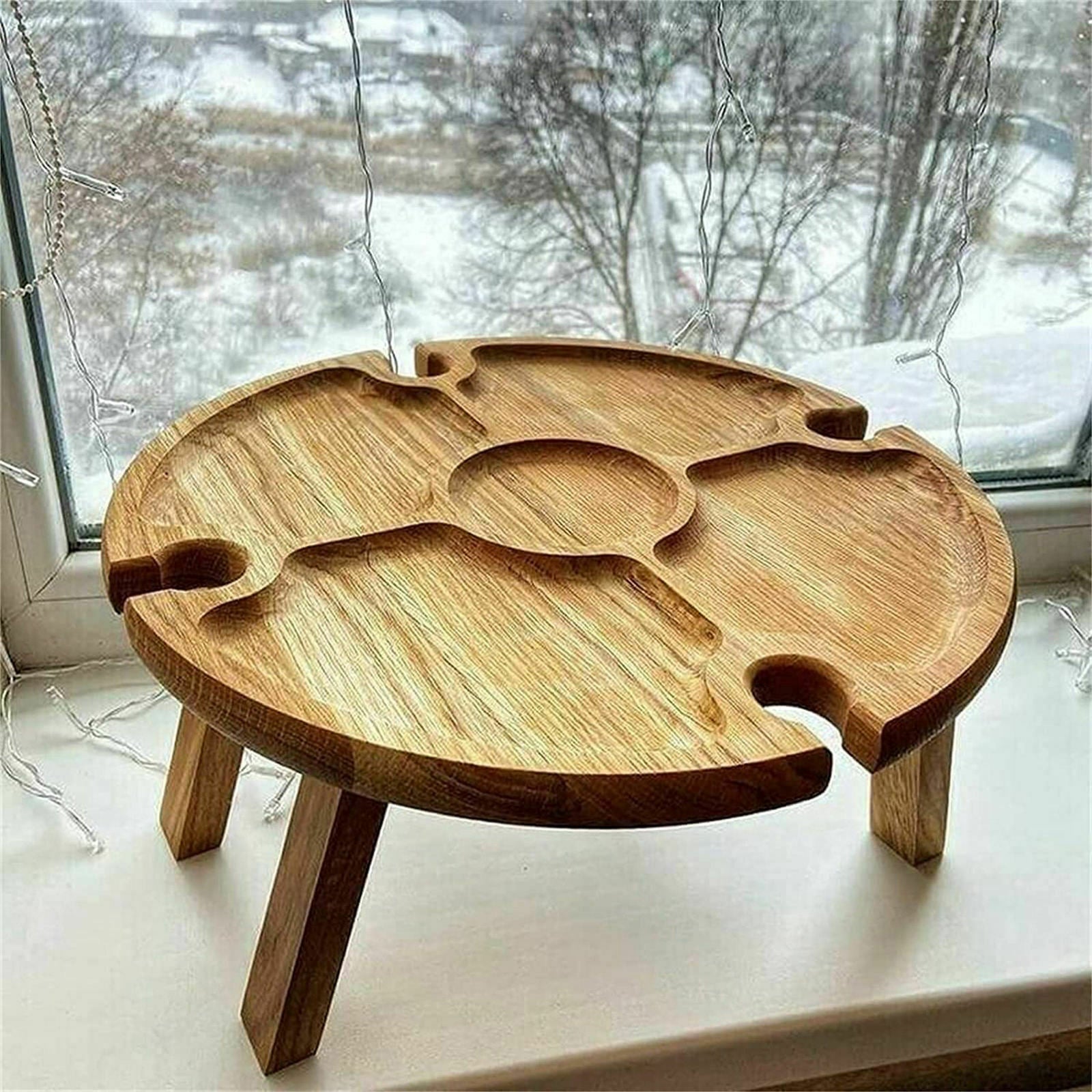 Wooden Picnic Table Wine Glass Rack for Hiking Camping Garden Round Desktop