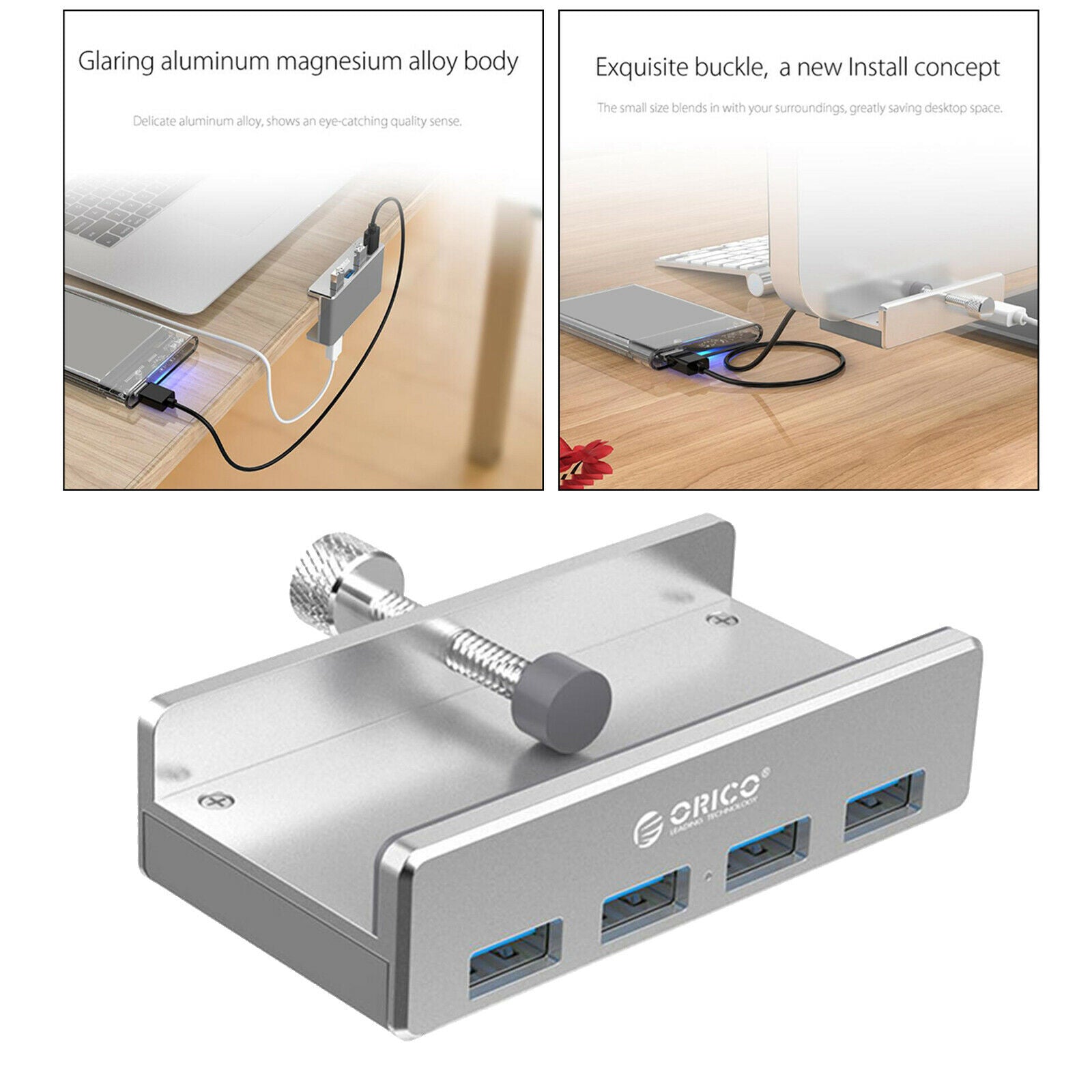 Portable Metal MH4PU 4 Ports USB 3.0 HUB Desk-Edge Splitter for PC Laptop