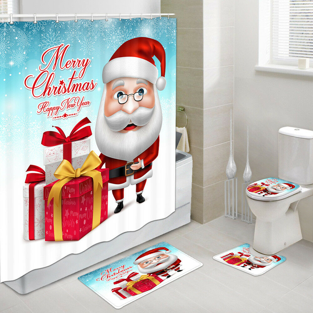 Santa Claus Shower Curtain Bathroom Set with Rugs Toilet Lid Seat Cover 4PCS