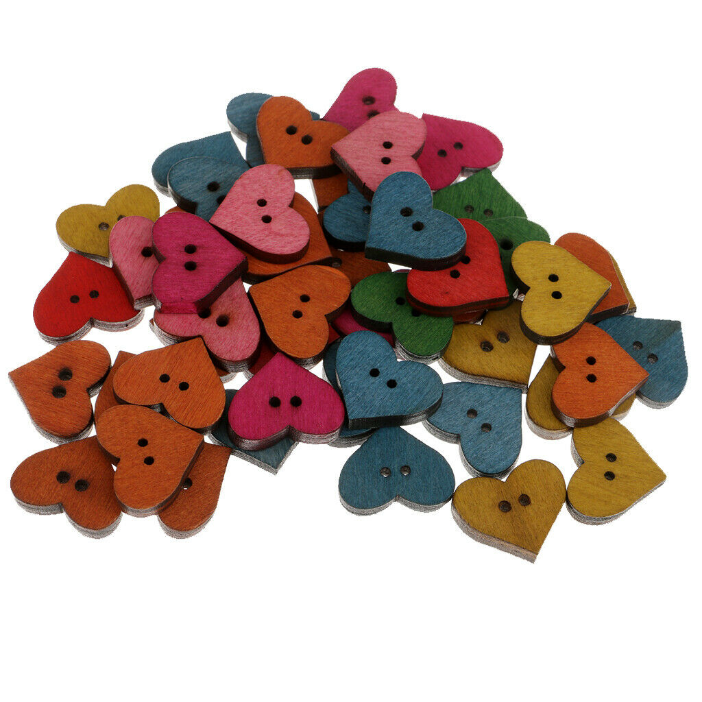 50pcs Assorted Heart Shape Wooden Flatback Buttons for Kids Crafts DIY 19mm