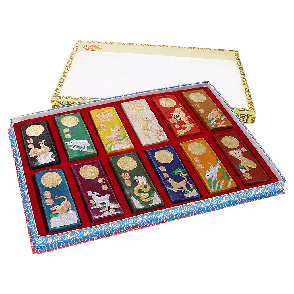 12 PCS Ink Pens Asia 7 Colors Carved Chinese Zodiac