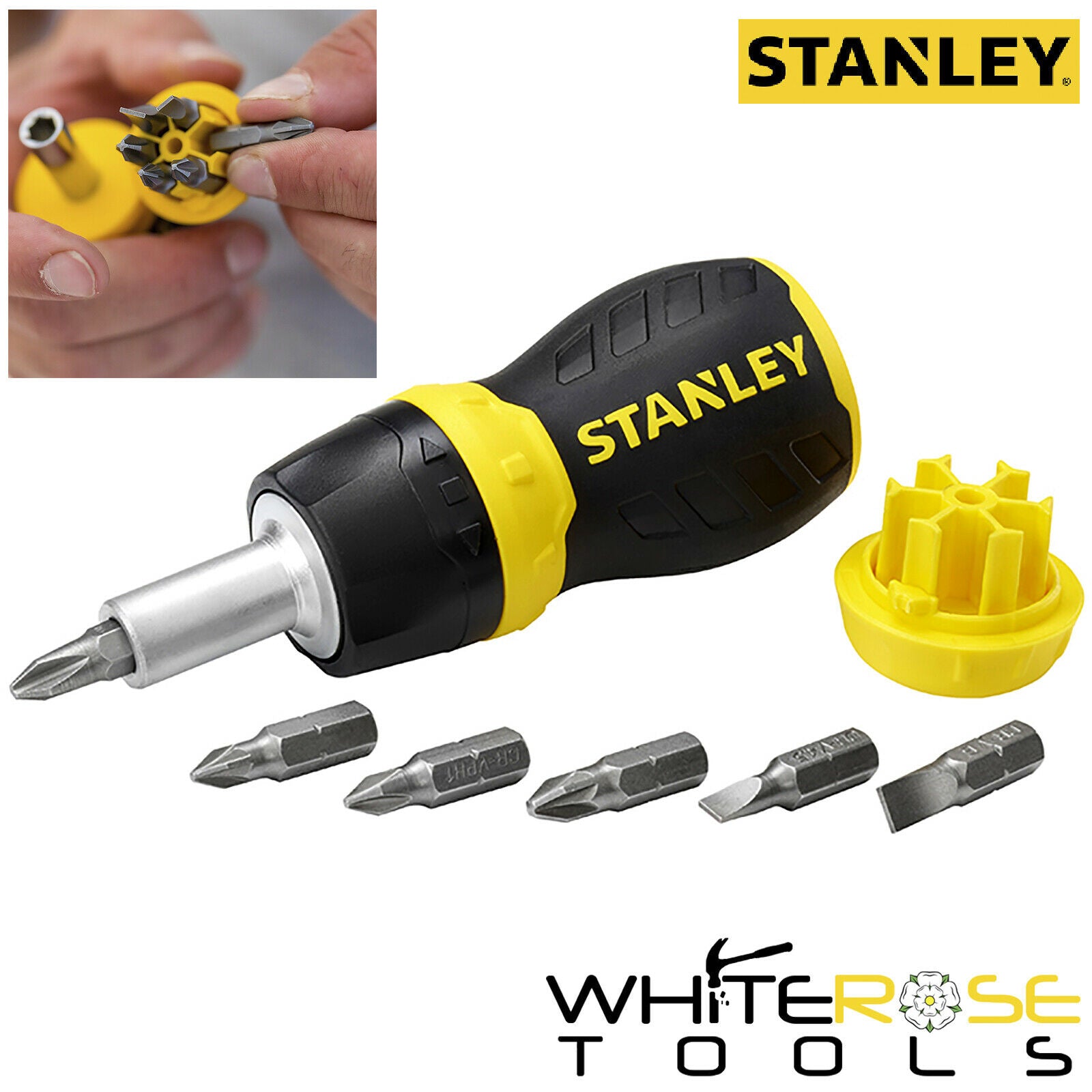Stanley 7pc Multi Bit Ratchet Stubby Screwdriver with Driver Bits Pozi Phillips