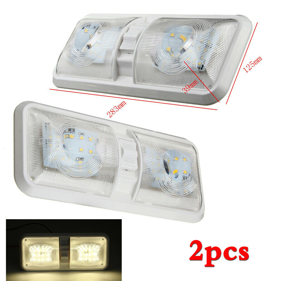 2x 12V Car RV Camper Trailer LED Double Dome White Light w/ 2-way Switch ON/OFF