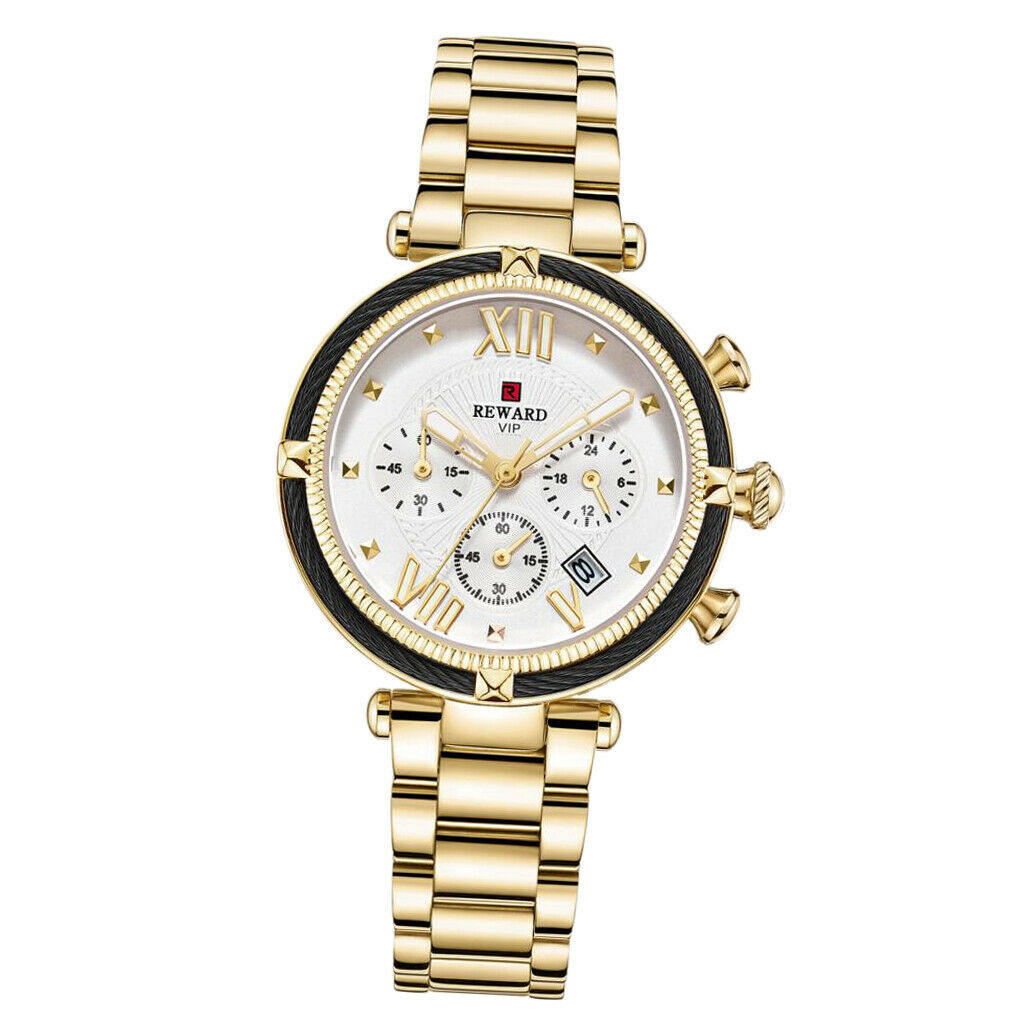 Women Chronograph Quartz Movement Watch Wristwatch Jewelry Golden