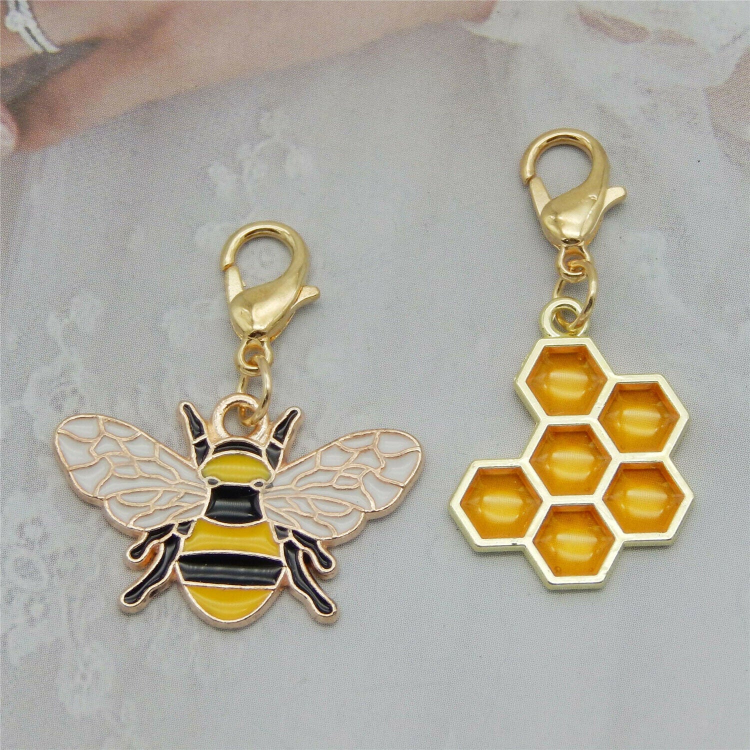 12 PCS Bulk Mini Golden Alloy Bee Charm Enamel Honeycomb Lobster Clasp Pendant