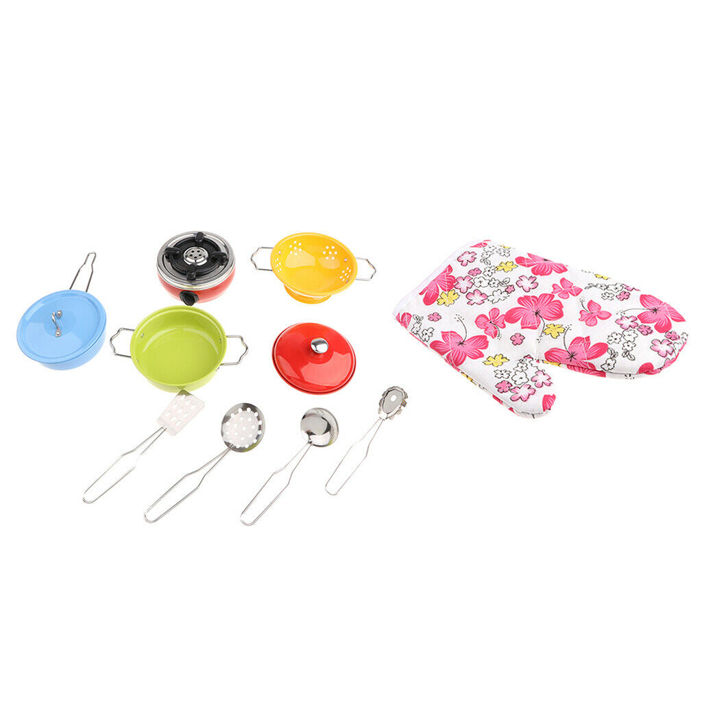 11 Pieces Kids Pretend Play Stainless Steel Cookware Kitchen Pot Pan Utensil