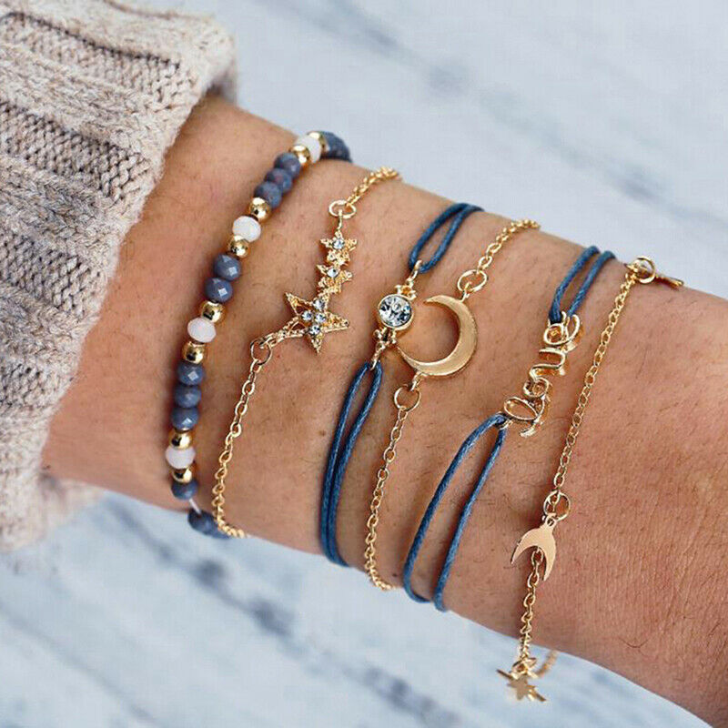 6Pcs/set Bohemian Star Moon Bracelets Bangles Women Wrist Chain Bracele.l8
