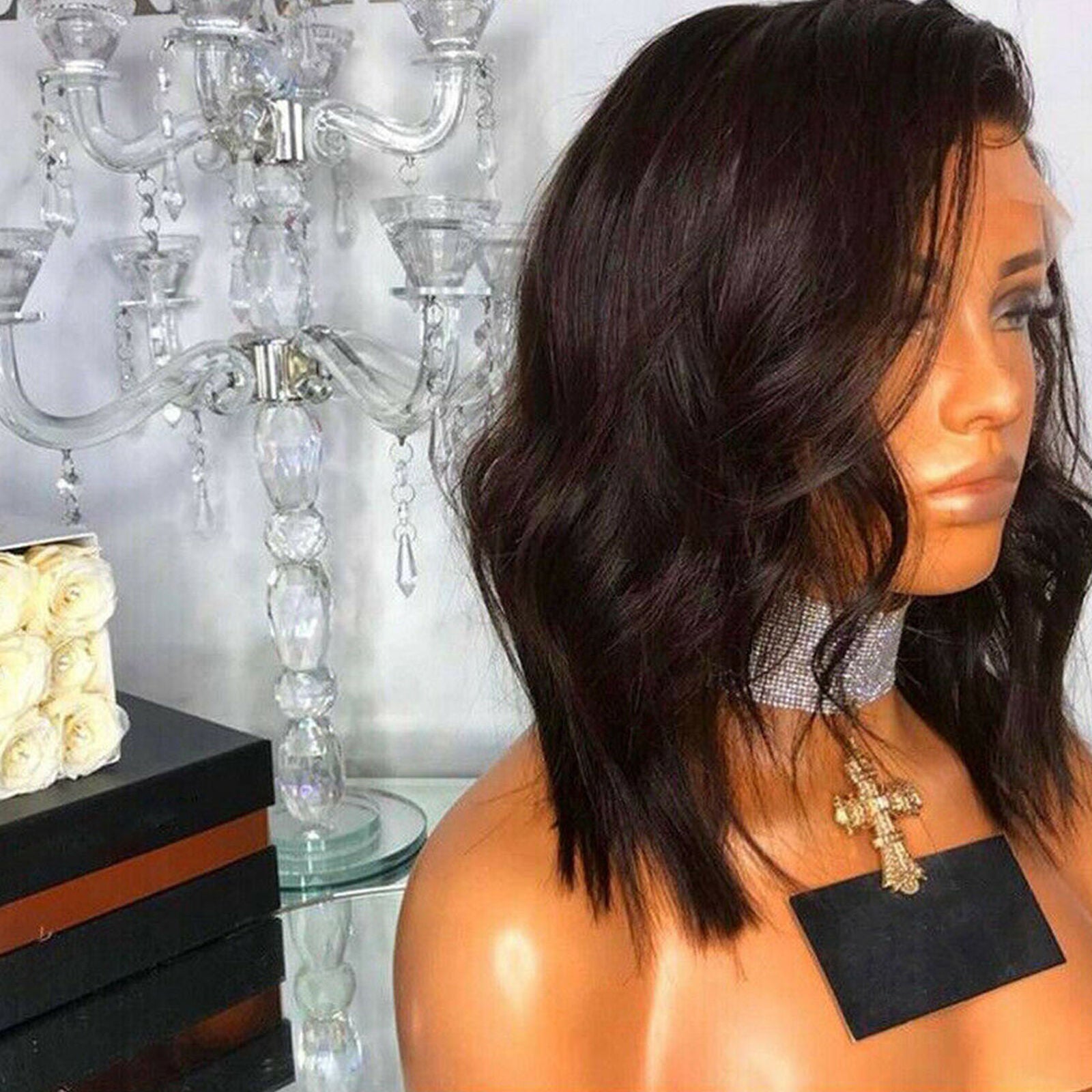Women's Shoulder Length Curly Wavy Wigs Ladies Synthetic Hair Black Wig