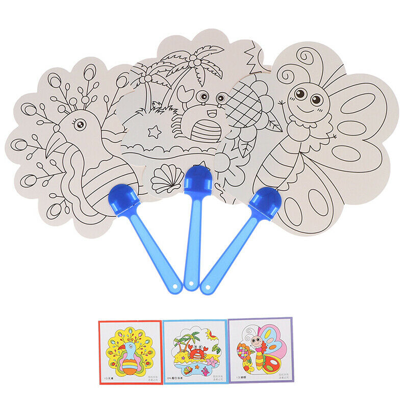 1Pc DIY kids coloring cartoon hand fan craft kindergarten drawing toys .l8