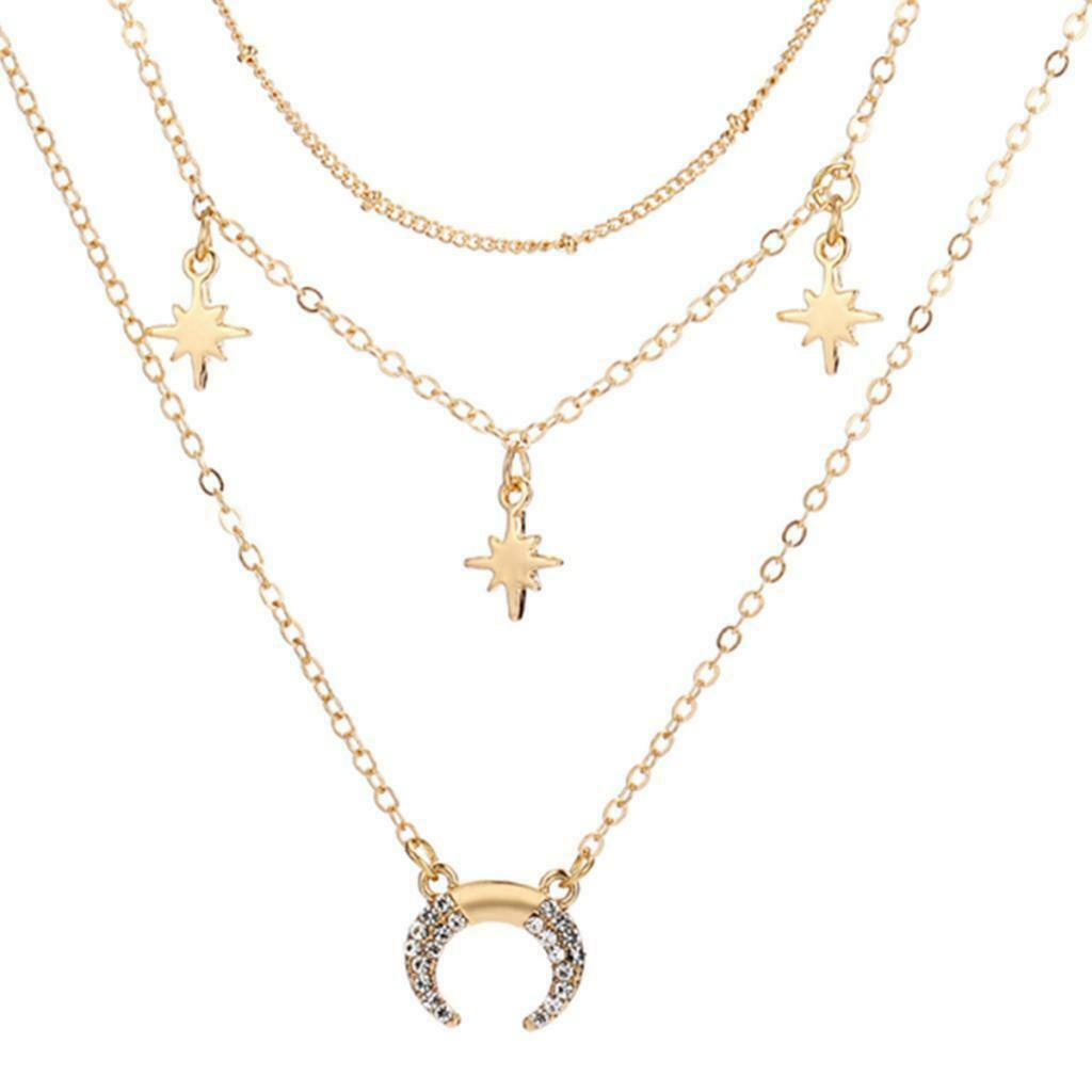 Star Moon Crescent Drop Charm Pendant Necklace Long Chain Boho Jewelry