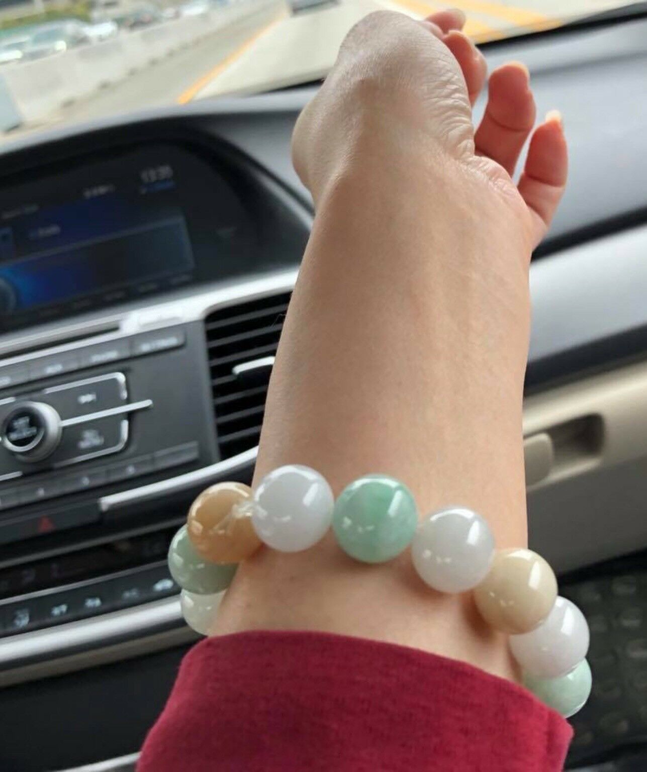 13.5MM Certified Grade A - SHINNY Green Yellow White ä¸‰å½© Jadeite Beads Bracelet