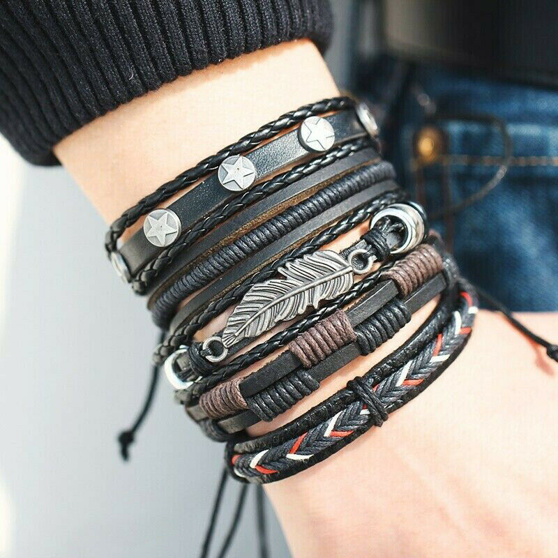 5pcs Multilayer Leather Leaf Owl Bracelet Men Women Wristband Bangle Cuff New HN