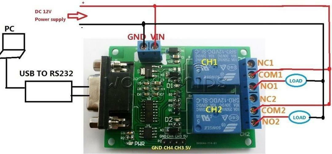 RS232 Relay Module 2-Channel Serial Port DB9 Interface Low Level Output 12V 10A
