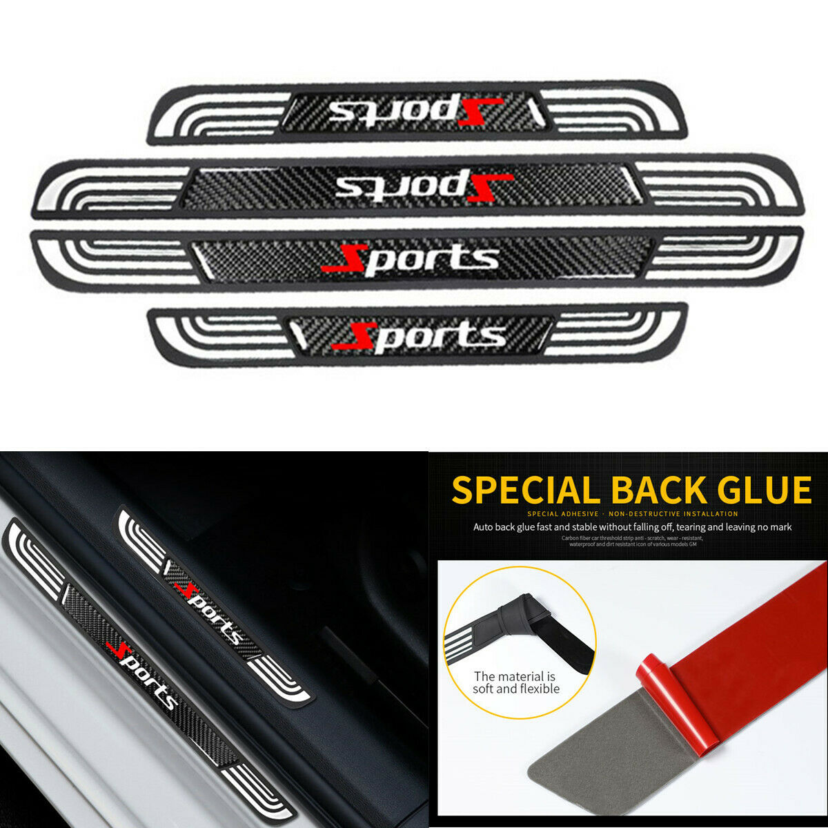 4PC Rubber+Carbon Fiber Car Door Scuff Sill Cover Panel Step Protector Universal