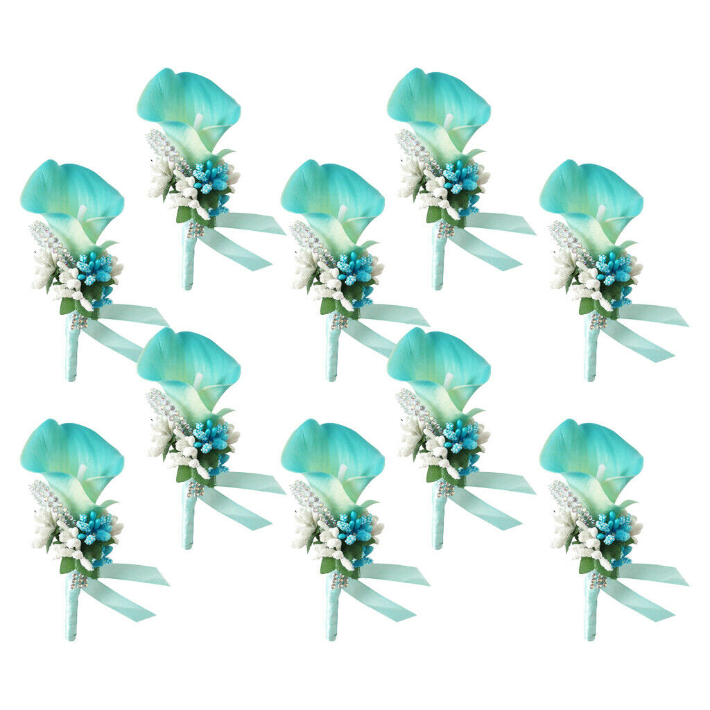 10Pcs Flowers Boutonniere Set Wrist Corsage Wristband, Groom Groomsman
