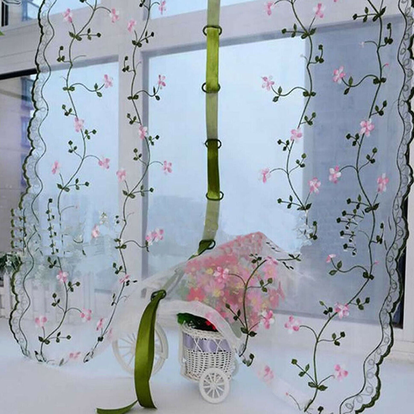 Fresh Hand Embroidered Floral Cafe Kitchen Shade Sheer Voile Door Curtain New